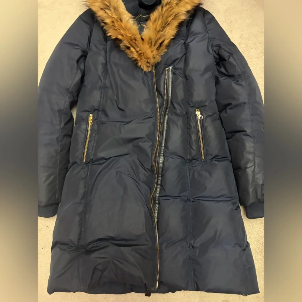 Mackage Dark Blue Puffer Coat with Brown Fur Trim - Picture 2 of 11